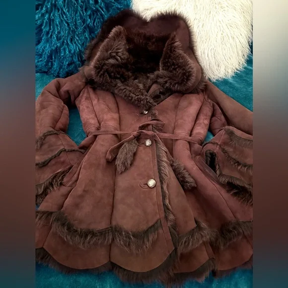 RARE Vintage Suede Shearling HEAVY COAT super warm made in USA Fit & Flare sz L - Picture 9 of 17